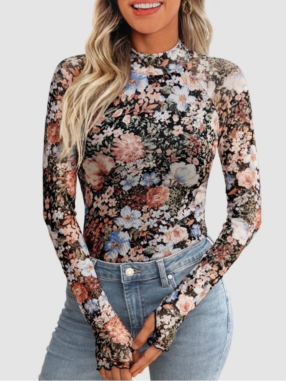 Floral Mesh Long Sleeve Mock Neck